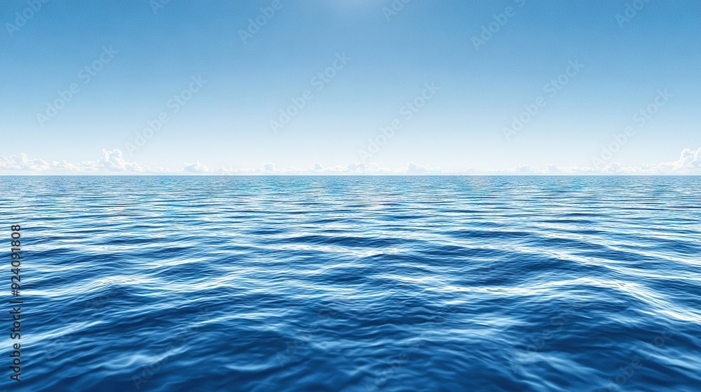 A vast expanse of blue water, dotted by fluffy clouds against a vibrant blue sky backdrop A vast expanse of blue water, dotted by fluffy clouds against a vibrant blue sky backdrop