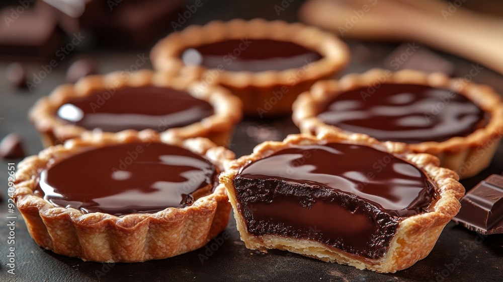Delicious chocolate tarts with glossy dark chocolate ganache resting on a wooden table, perfect for dessert lovers. Delicious chocolate tarts with glossy dark chocolate ganache resting on a wooden table, perfect for dessert lovers.
