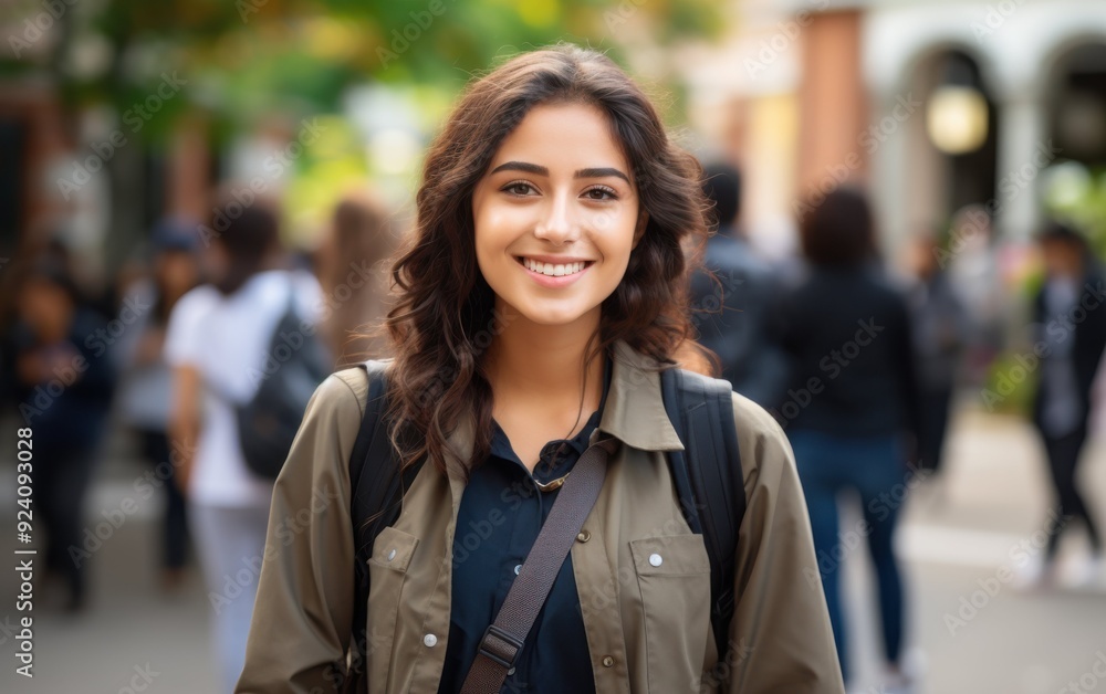 A woman with a backpack and a smile on her face. She is surrounded by people. Scene is happy and friendly A woman with a backpack and a smile on her face. She is surrounded by people. Scene is happy and friendly