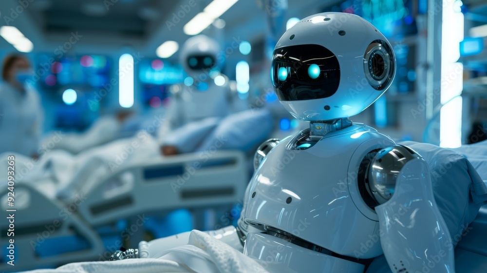 Robotics in Healthcare: A hospital scene with robotic assistants helping medical staff in patient care and diagnostics. Robotics in Healthcare: A hospital scene with robotic assistants helping medical staff in patient care and diagnostics.