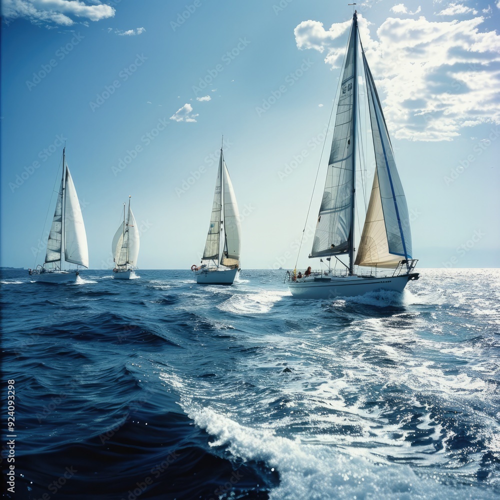 Fototapeta premium Three yachts with white sails sailing in a sunny sea during the day