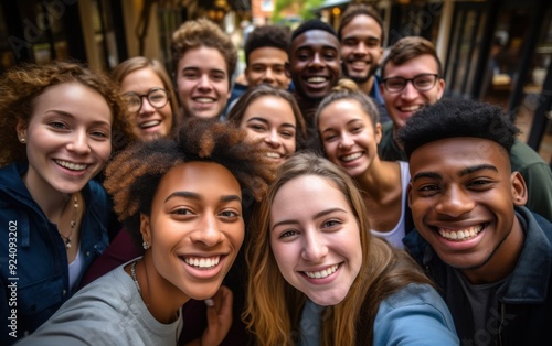 A group of young people are smiling for a picture. Scene is happy and friendly