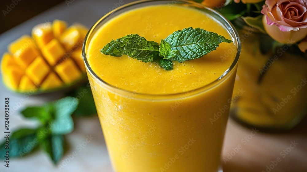 A glass of orange juice with a mint garnish on the rim of the glass A glass of orange juice with a mint garnish on the rim of the glass