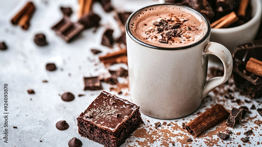 Close-up of a cup of coffee on a table with chocolate and cinnamon next to it Close-up of a cup of coffee on a table with chocolate and cinnamon next to it