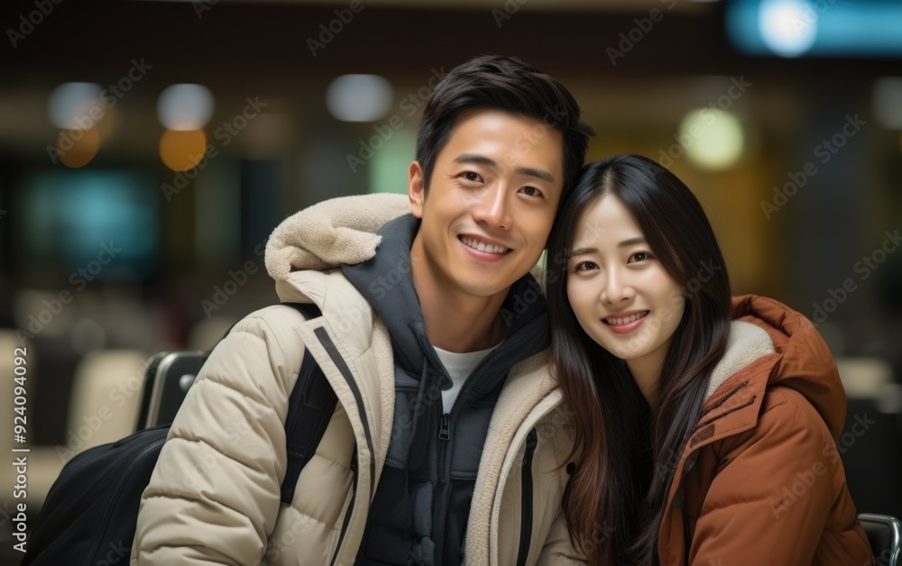 A couple is smiling and hugging each other in a dark room. The man is wearing a black jacket and the woman is wearing a brown jacket A couple is smiling and hugging each other in a dark room. The man is wearing a black jacket and the woman is wearing a brown jacket