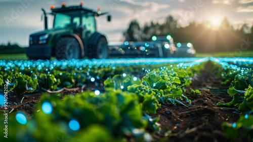 Smart Agriculture Technology: A depiction of a high-tech farm using AI and robotics for precision agriculture and sustainable practices.