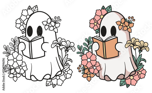 Ghost cute reading book, halloween flowers, hand drawn vector