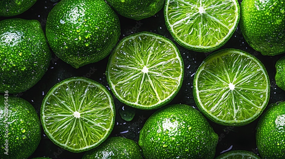 A cluster of limes perched atop a stack of water droplets A cluster of limes perched atop a stack of water droplets