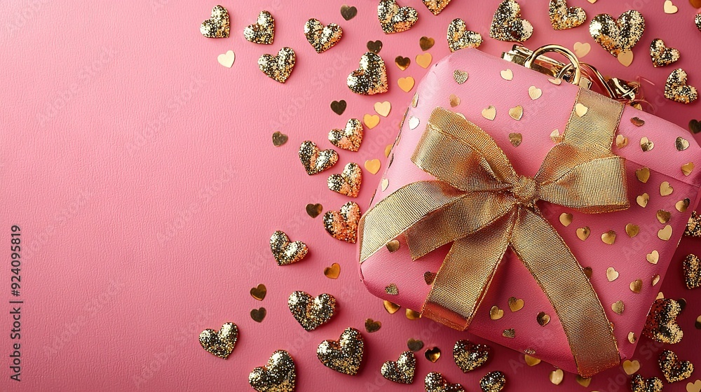 A pink gift box with a gold ribbon on a pink backdrop, adorned with gold heart-shaped confetti A pink gift box with a gold ribbon on a pink backdrop, adorned with gold heart-shaped confetti