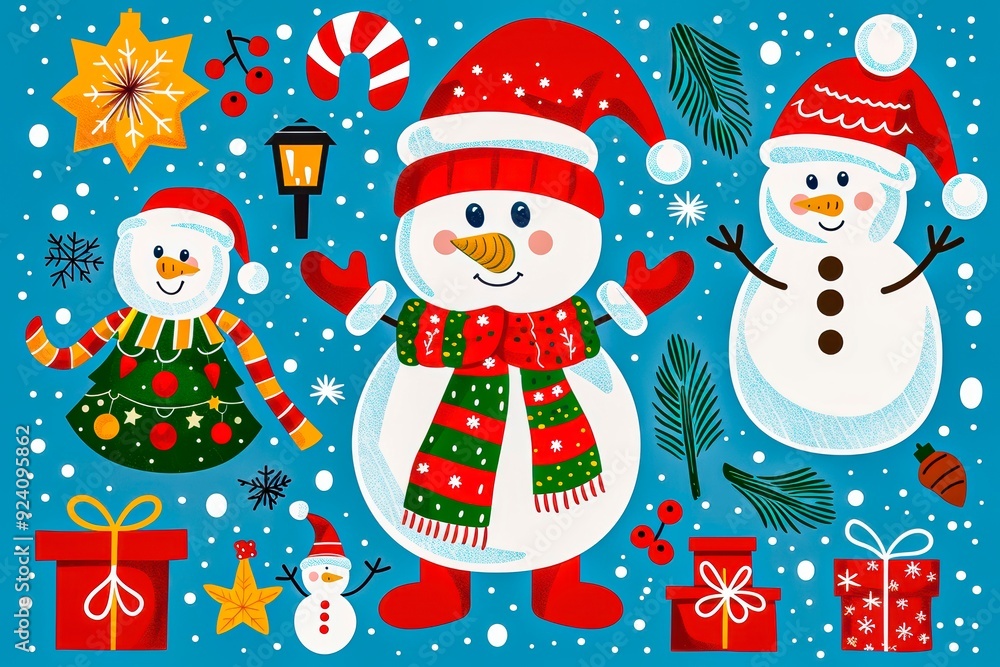 Colorful Winter Scene With Cheerful Snowmen and Festive Decorations on a Blue Background Colorful Winter Scene With Cheerful Snowmen and Festive Decorations on a Blue Background