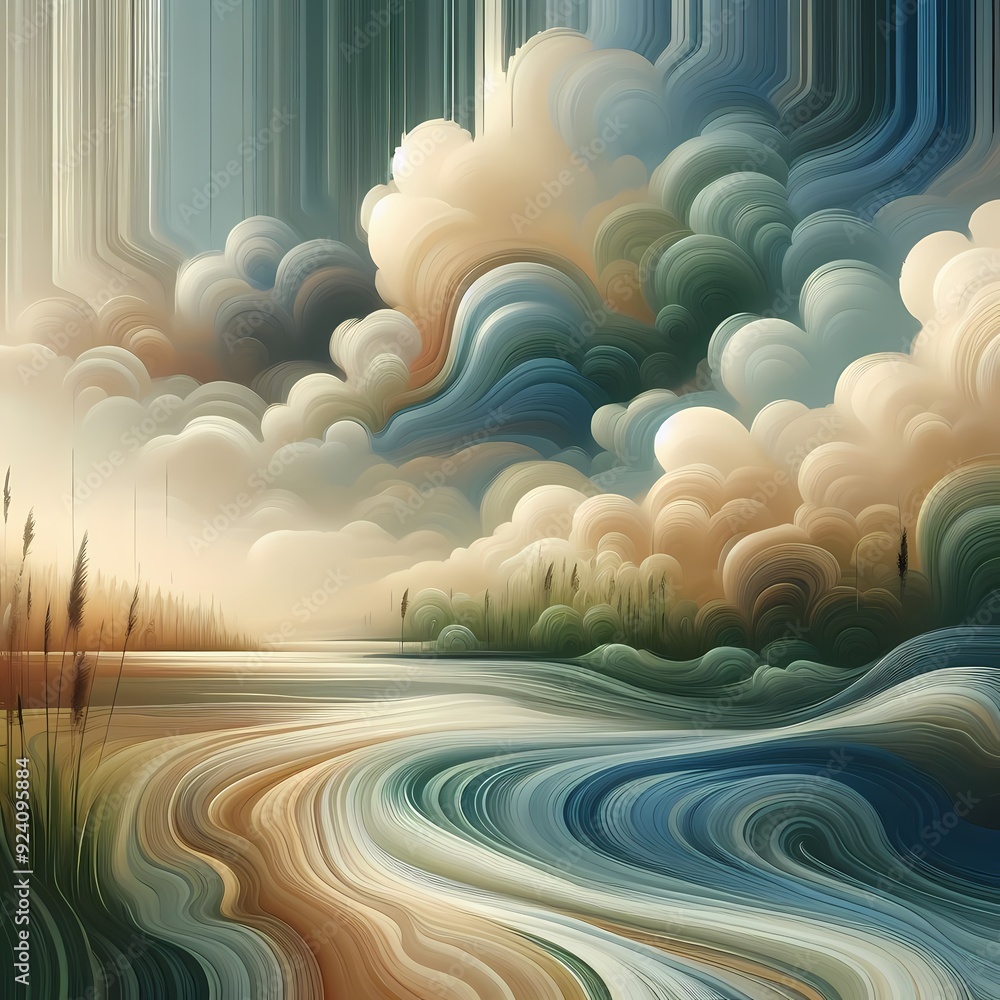 Fototapeta premium Surreal Seascape - Swirling Skies and Waves Create an Artistic Oceanic Serenity - waves and clouds