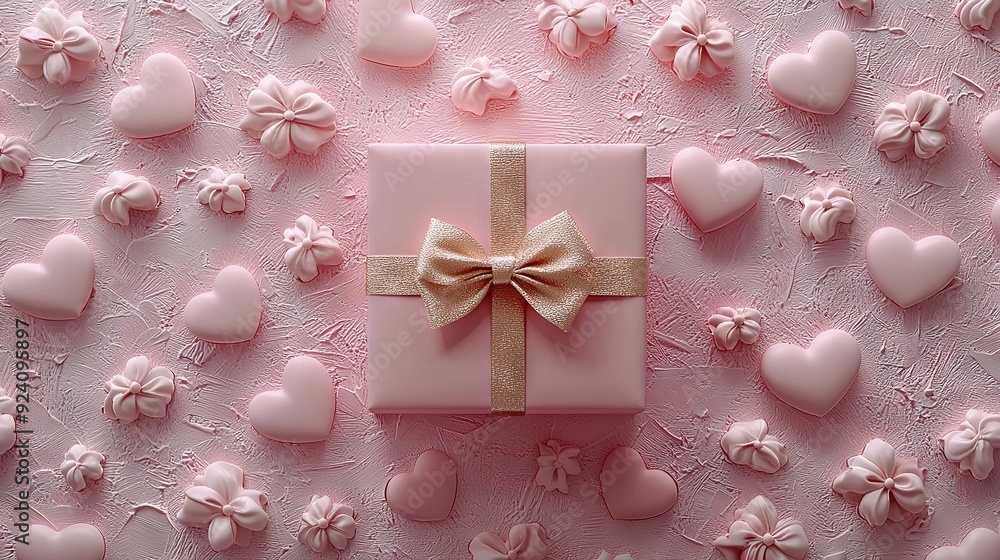 A pink box, bow & heart candies on a pink backdrop A pink box, bow & heart candies on a pink backdrop
