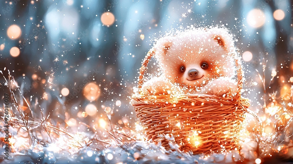 A bear sits in a basket in the snow, surrounded by snowflakes on the ground and trees in the background A bear sits in a basket in the snow, surrounded by snowflakes on the ground and trees in the background