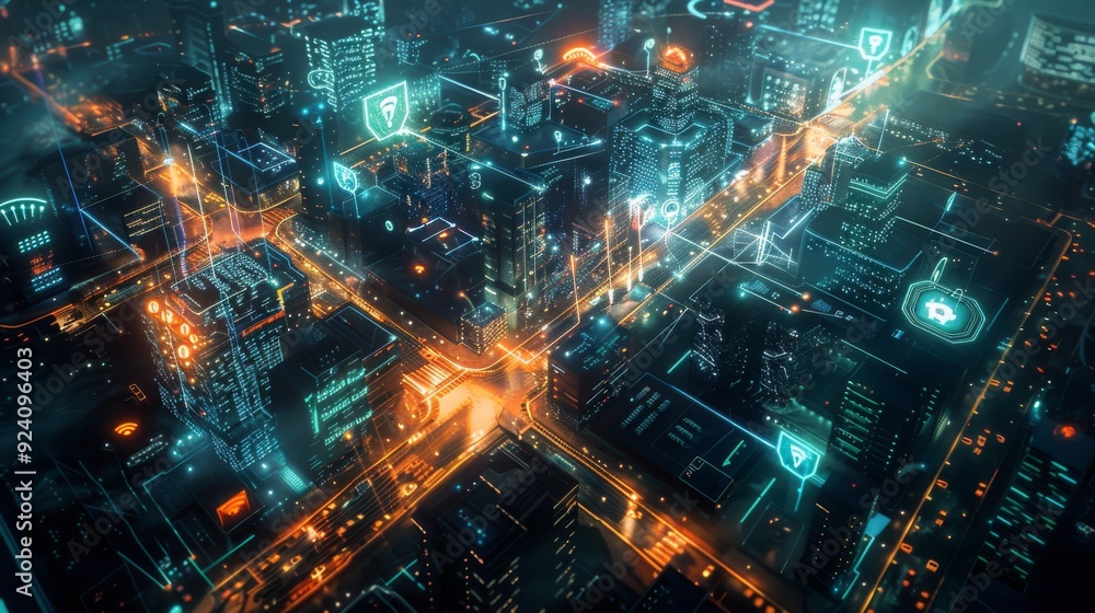 Fototapeta premium Smart City Grid Overview: A bird's-eye view of a smart city grid, with digital indicators showing traffic flow, energy usage, and environmental data.