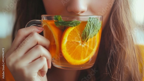 Hands of young woman holding a cup of hot mint tea or hot lemonade photo