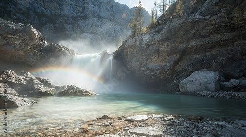   A waterfall with two rainbows visible, one in the middle of the cascade and another in the reflection in the water in front of it