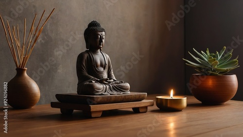 Meditation Altar: A minimalistic meditation altar setup featuring a burning incense stick, a small Buddha statue, and a glowing candle on a low wooden table. The background is a plain wall with a subt photo