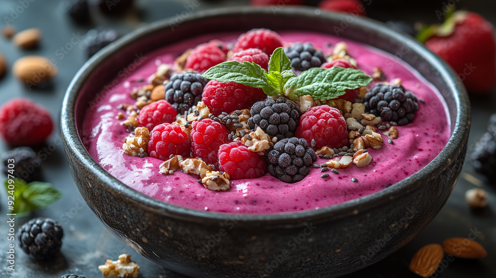 A vibrant and colorful smoothie yogurt bowl, topped with fresh berries like raspberries or blackberries and nuts A vibrant and colorful smoothie yogurt bowl, topped with fresh berries like raspberries or blackberries and nuts