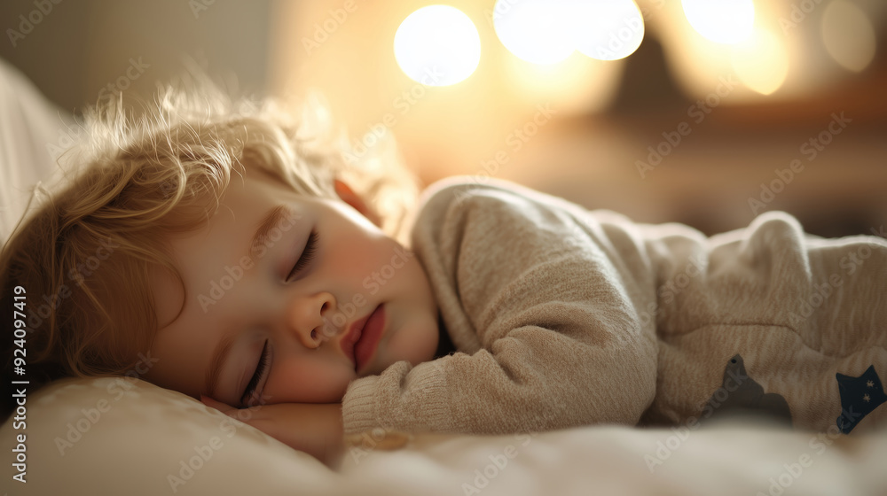 Peaceful toddler sleeping on a soft bed with warm lighting in the background. Cozy bedtime scene in a serene atmosphere. Horizontal composition. Peaceful toddler sleeping on a soft bed with warm lighting in the background. Cozy bedtime scene in a serene atmosphere. Horizontal composition.