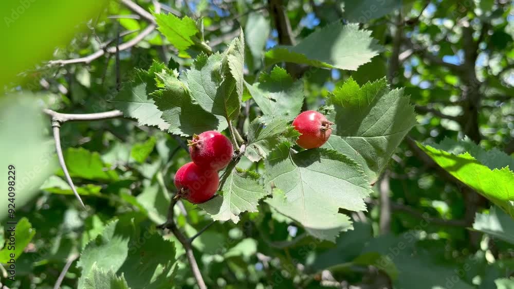 ripe red hawthorn berries grow on a hawthorn bush. cultivation of medical berries and plants concept ripe red hawthorn berries grow on a hawthorn bush. cultivation of medical berries and plants concept