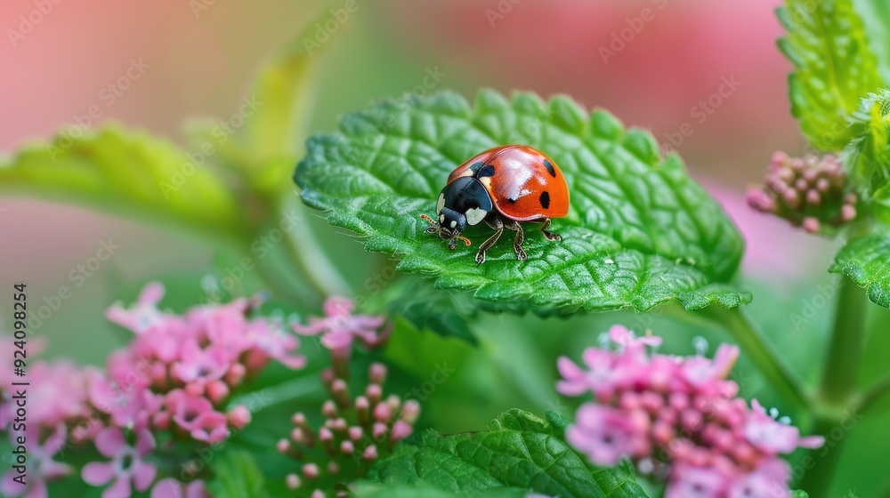Ladybug close up on green leaf amongst summer flowers Ladybug close up on green leaf amongst summer flowers