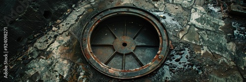 Metal hatch lid leading to underground sewer or emergency shelter photo