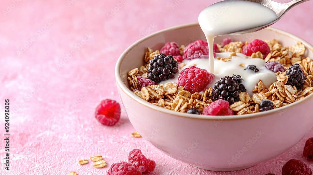 A bowl of cereal is being filled with yogurt, raspberries, and granola A bowl of cereal is being filled with yogurt, raspberries, and granola