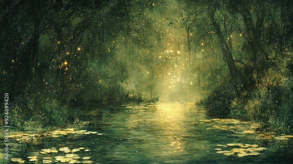 A lily pad-filled river in the foreground with fireflies in the background, painted beautifully A lily pad-filled river in the foreground with fireflies in the background, painted beautifully
