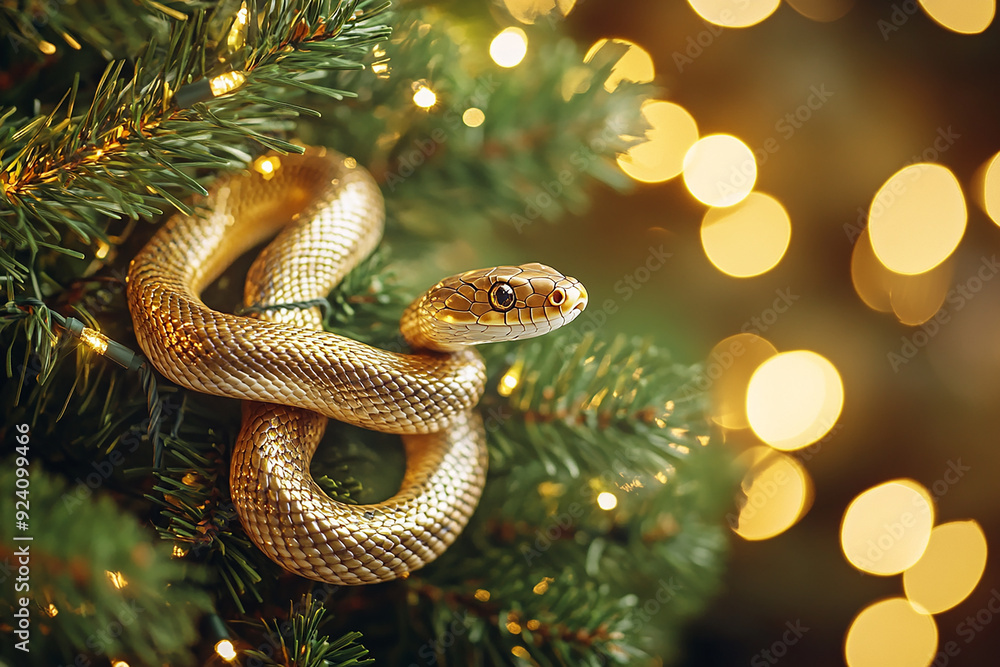 Festive golden snake wrapped around christmas presents with holiday lights in the background. Holiday-themed designs, promotions, and new year's 2025 celebrations Festive golden snake wrapped around christmas presents with holiday lights in the background. Holiday-themed designs, promotions, and new year's 2025 celebrations