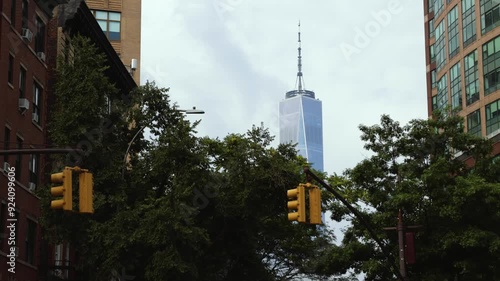 Wallpaper Mural One WTC in fog, surrounded by trees, buildings, and traffic lights in the city Torontodigital.ca