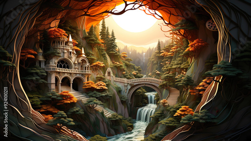Rivendell - fantasy, landscape, castle, waterfall, nature, forest, bridge, sunrise, mystical, magical, autumn, mountain, scenic, fairytale, enchanted