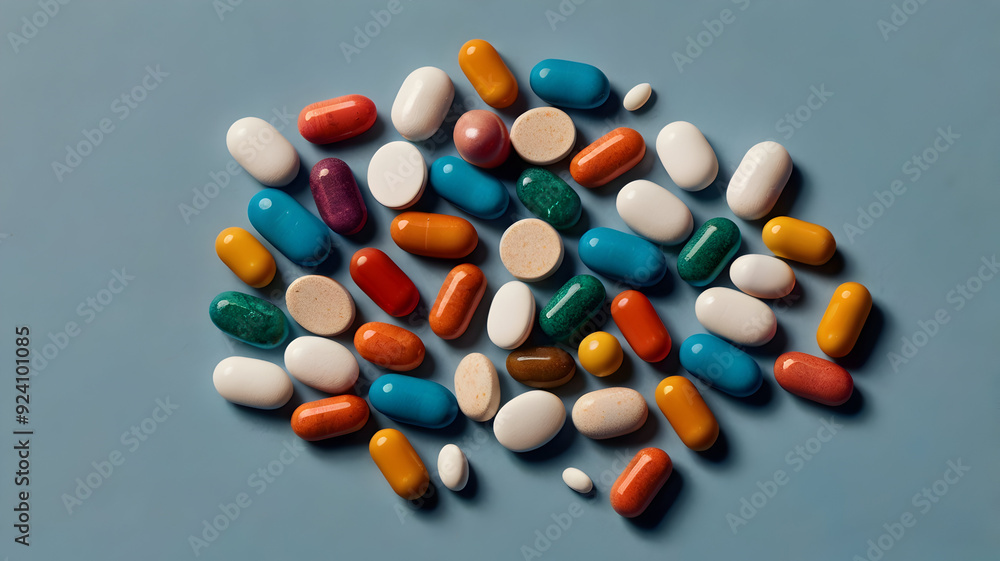 A diverse collection of multicolored pills and capsules, including opioids, vitamins, and various medicines, scattered across a clean, neutral surface, symbolizing the vast spectrum of healthcare A diverse collection of multicolored pills and capsules, including opioids, vitamins, and various medicines, scattered across a clean, neutral surface, symbolizing the vast spectrum of healthcare