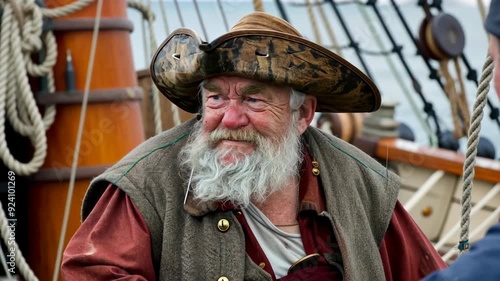 An old mariner, adorned in traditional attire, sits aboard a ship, recounting lively anecdotes of his seafaring life