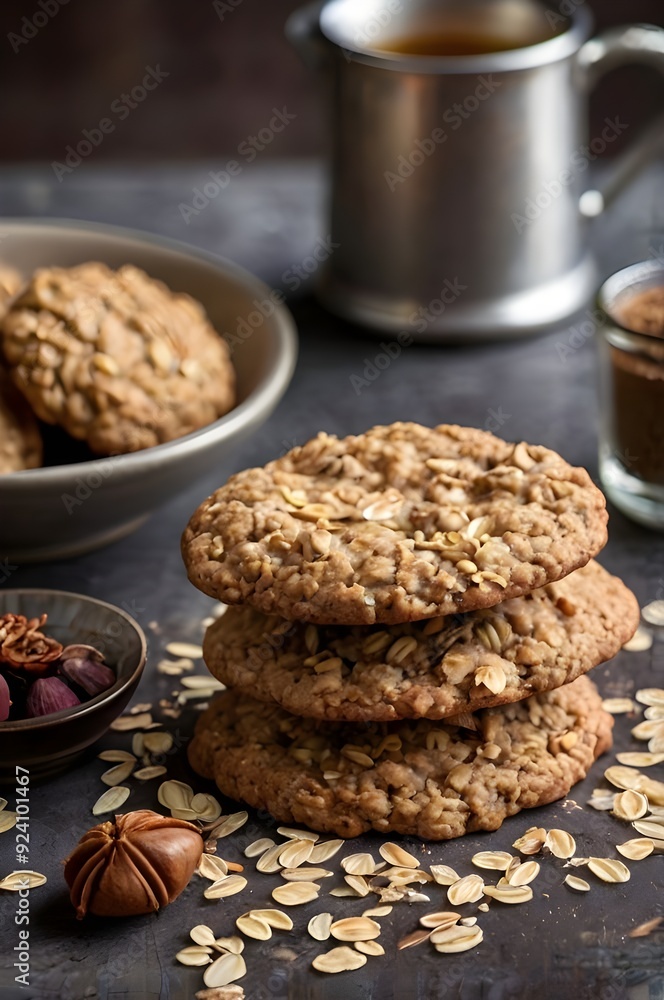 Oatmeal cookies surrounded by ingredients Oatmeal cookies surrounded by ingredients
