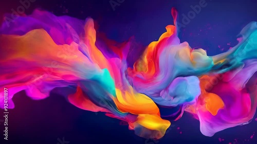 Flowing moving fluid acrylic painting abstract texture. Purple pink blue yellow swirl wavy background. Flow liquid design. 