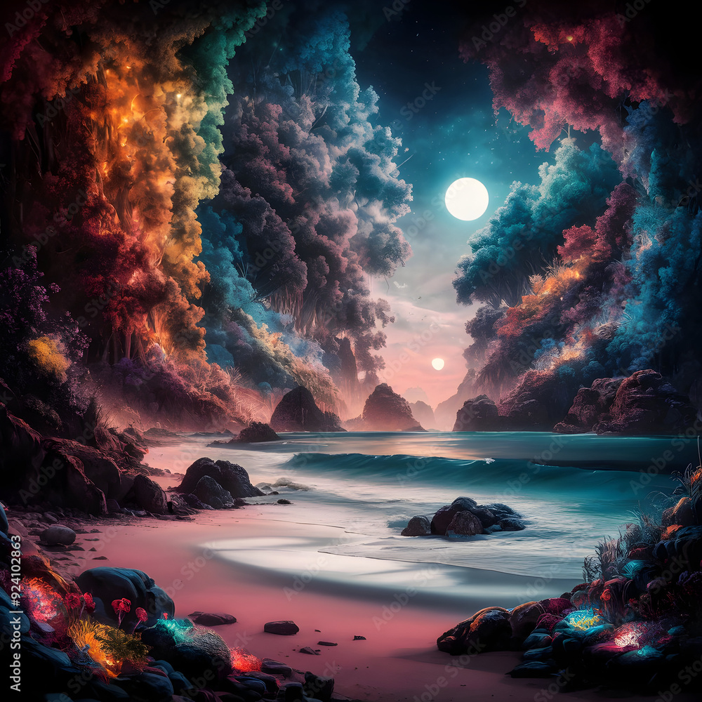A beach at night with a full moon in the sky A beach at night with a full moon in the sky
