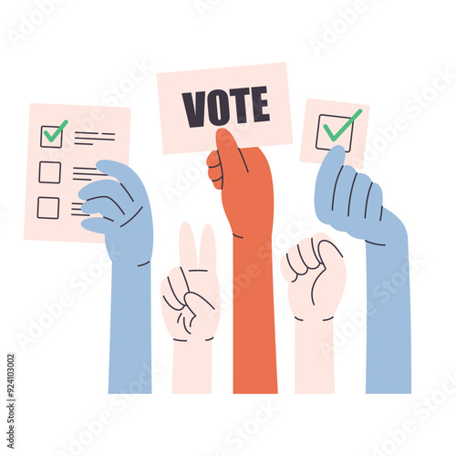 Human hands holding vote ballots, participate in voting. Voting and elections concept. Vector illustration in flat style