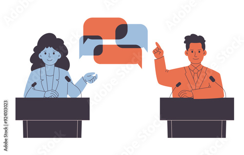 Political debates concept with candidates, public speech. Political election, voting speech. Vector illustration in flat style