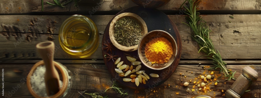 Assorted spices and herbs arranged on a rustic wooden table Assorted spices and herbs arranged on a rustic wooden table