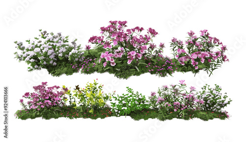 Ornamental flowery landscape nature bushes vector illustration, blooming garden vector design, natural foliage vector art, colorful garden scenery, vibrant floral landscape illustration Transparent Ba