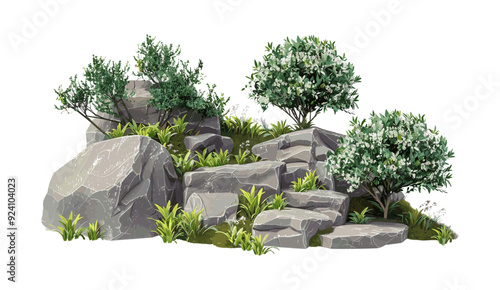 3D rendering vector illustration of shrub plants positioned with steps and rocks in gardening, landscape design illustration, garden shrub layout