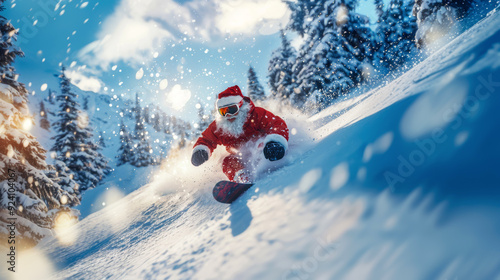 Santa Claus snowboarding down a snowy mountain slope, Christmas card concept photo