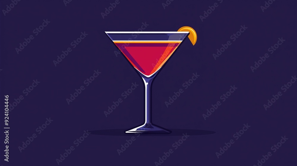 A vibrant cocktail glass holding an orange slice and set against a purple backdrop with a glass shadow A vibrant cocktail glass holding an orange slice and set against a purple backdrop with a glass shadow