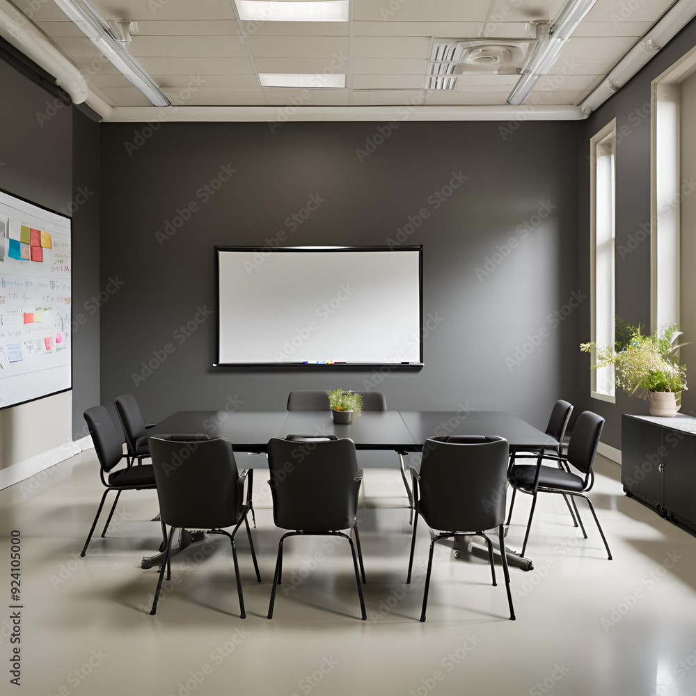 Meeting room with a table in the center, chairs around it and a painting on the wall. AI generated Meeting room with a table in the center, chairs around it and a painting on the wall. AI generated