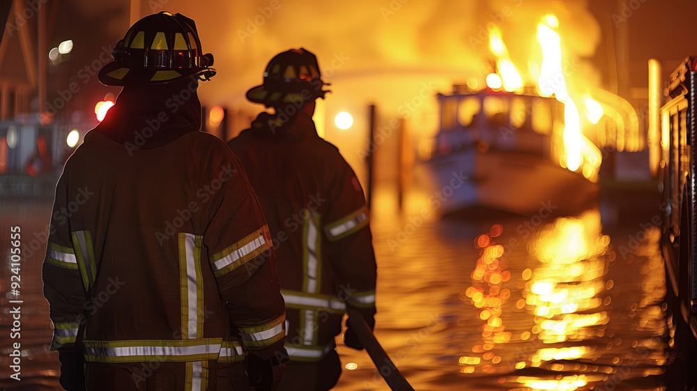 Firefighters battling a boat blaze at night.
