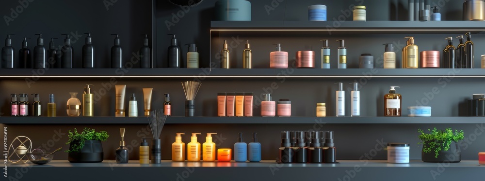 Elegant shelf display of luxury cosmetic products in a modern store Elegant shelf display of luxury cosmetic products in a modern store