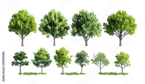 Forested trees set vector illustration, detailed isolated natural elements, leaf shapes, environmental woods trees collections, forest plant collection, eco-friendly design elements, trees set landsca