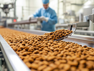 Worker in a blue uniform inspects kibble production line in a pet food manufacturing facility during daytime