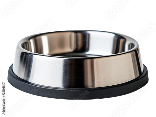 Stainless steel pet food bowl with rubber base for stability photo