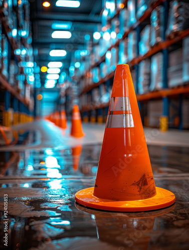 Traffic cone in a brightly lit warehouse aisle. photo